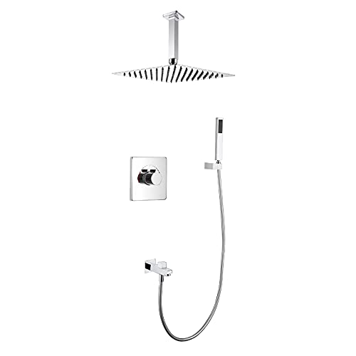 Duschsystem Verdeckte Verstellbare Duscharmatur Set mit 10 Zoll Duschkopf Einhandbrause Duschset Badezimmer mit Handbrause und Wannenauslauf (Chrom) von HCZKIUJY