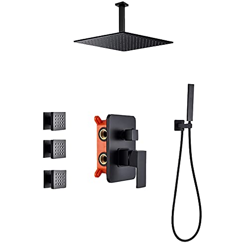 Duschsystem Verdeckter Schwarz Duscharmatur Einhandgriff Warm- und Kaltwasserdusche Combo Set mit Handsprüher und Regenduschkopf, Körperspray Massagewanne und Duschverkleidung Kit (Typ B 10 Zoll) von HCZKIUJY