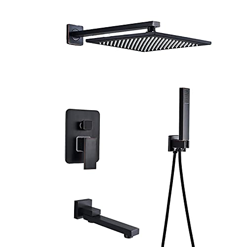 Duschsystem mit Wannenauslauf Quadratisches Regenduschkopfsystem mit Handbrause Combo Set Wandmontage Duscharmatur Set Komplett (12 Zoll) von HCZKIUJY