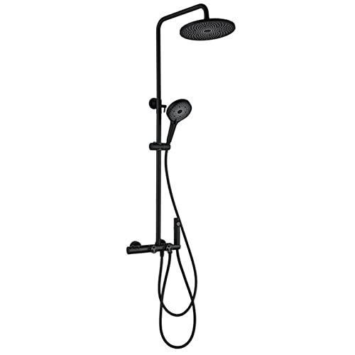 Freiliegendes Rohr-Regenduschsystem mit Wannenauslauf 4 Funktionen, thermostatisches Badezimmer-Duscharmatur-Set mit Schiebestange (schwarz) von HCZKIUJY