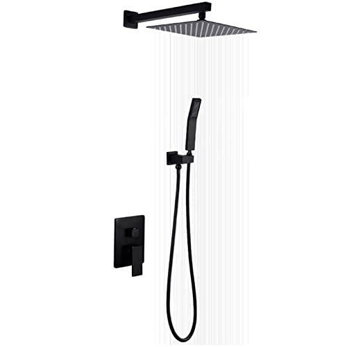 HCZKIUJY Duscharmatur-Set, mattschwarzes Duschsystem, Badezimmer-Duscharmatur mit Regenduschkopf und Handkopf, 2-Wege-Druckausgleichs-Duschventil und Verkleidungsset (Seite 30,5 cm) von HCZKIUJY
