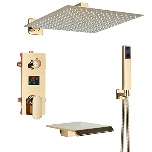 HCZKIUJY Duschsystem Fixture Gold, verdeckte Regendusche Armaturen Sets komplett mit Dusche und Handbrause und eingebetteter Box, Wasserfallauslauf (30,5 cm) von HCZKIUJY