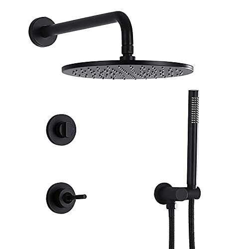 HCZKIUJY Duschsystem Verdeckter Schwarz Duscharmatur Einhandgriff Heiß- und Kaltdusche Combo Set mit Handsprüher und rundem Regenduschkopf Badewanne und Duschverkleidung Kit (Typ B 12 Zoll) von HCZKIUJY