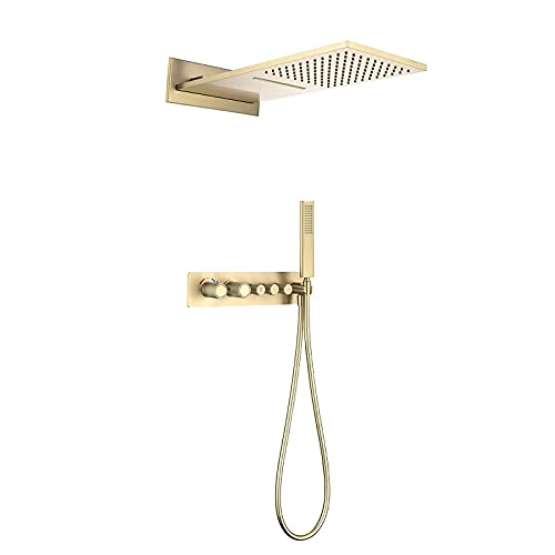 HCZKIUJY Duschsystem Verdecktes Duscharmatur-Set mit Handbrause und 2 Modi Regenduschkopf Dusch-Kombi-Set mit eingebetteter Box Wanne und Duschverkleidungsset (gebürstetes Gold) von HCZKIUJY