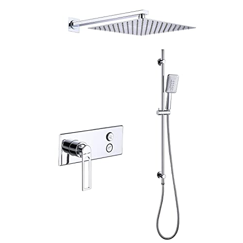 HCZKIUJY Duschsystem Wandmontiertes Duscharmatur-Set mit Wannenauslauf und Handsprüher Dusch-Kombi-Set 30,5 cm Regenduschkopf Einhandwanne und Duschverkleidung Kit mit Duschstange (Chrom) von HCZKIUJY