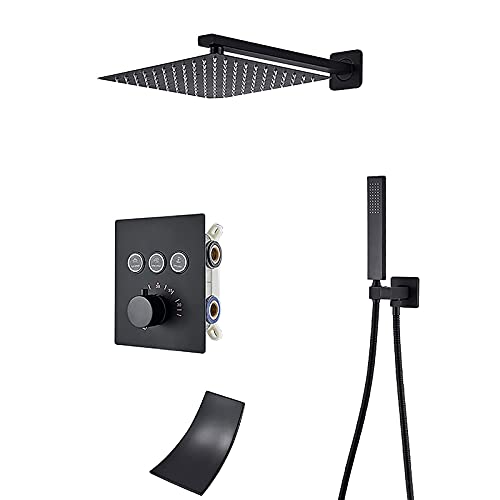 HCZKIUJY Regenduschsystem Thermostatisch, Haute Pression Schwarz Dusche Combo Set Wandmontage Badezimmer Dusche Wasserhahn Set mit Duschkopf, ABS Handbrause, Wasserfallauslauf (25,4 cm) von HCZKIUJY