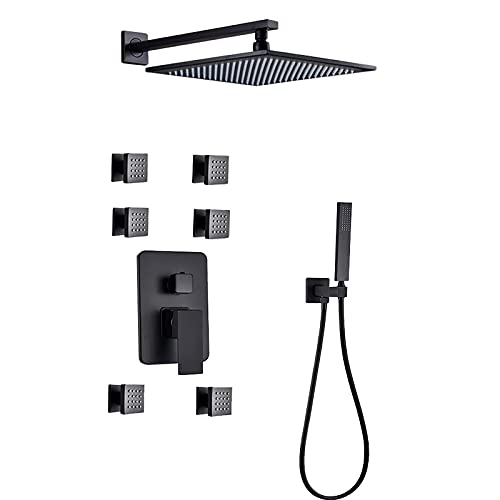 HCZKIUJY Schwarzes Duschsystem mit Körperdüsen Duscharmatur mit Handbrause und quadratischem Regenduschkopf Dusch-Kombi-Set mit verdeckter Wanne und Duschverkleidung (Typ A 30,5 cm) von HCZKIUJY