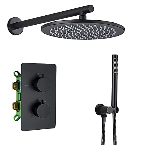HCZKIUJY Thermostat-Duschsystem, verdeckter schwarzer Duscharmatur mit Handbrause und Regenduschkopf, Dusch-Kombi-Set, Wandhalterung, Wanne und Duschverkleidungsset (20,3 cm) von HCZKIUJY