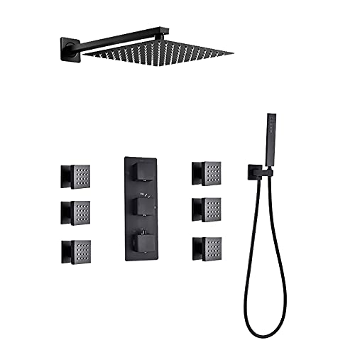 HCZKIUJY Thermostat-Duschsystem mit Körperdüsen Schwarz Duscharmatur mit Handbrause und quadratischem Regenduschkopf Dusch-Kombi-Set Verdeckte Wanne und Duschverkleidung Kit (Typ A 12 Zoll) von HCZKIUJY