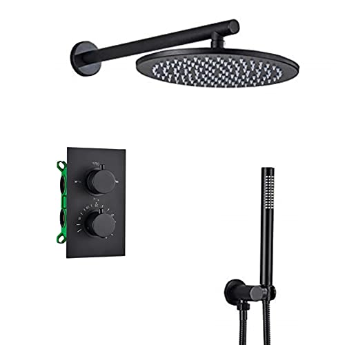HCZKIUJY Thermostatisches Regenduschsystem mit runder Regendusche und Handbrause, Verdecktes Messing Schwarz Badezimmer Dusche Combo Set (8 Zoll) von HCZKIUJY