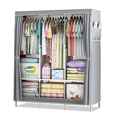 HCZKIUJY Tragbarer Canvas-Kleiderschrank, faltbarer Kleiderschrank-Organizer mit Kleiderstange, Regalen, Seitentaschen, Stoffschrank für Kleidung, Taschen, Grau, 125 x 45 x 168 cm von HCZKIUJY