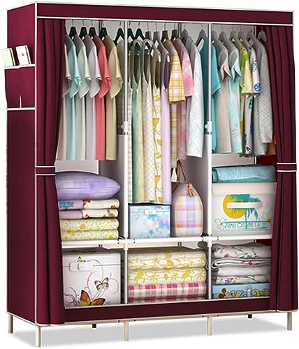 HCZKIUJY Tragbarer Kleiderschrank, Segeltuch-Kleiderschrank, Kleiderschrank-Organizer mit 3 Kleiderstangen und Seitentaschen, Stoffschränke für Schlafzimmer-Kleidung, E von HCZKIUJY