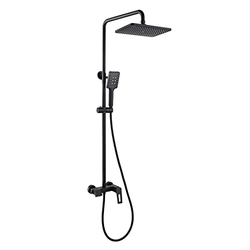 HCZKIUJY Wasserfall Wanne Duscharmatur Set, Wandmontage Duschsystem mit Regenduschkopf und 3 Modi Handbrause, Badezimmer Messing Duscharmatur Set mit Höhenverstellbarer Duschstange (Schwarz) von HCZKIUJY