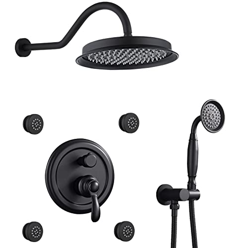 Regenduschsystem Verdecktes Duscharmatur-Set mit Handbrause und 22,9 cm Regenduschkopf Dusch-Kombi-Set mit 4 Körperdüsen Duscharmatur (mattschwarz) von HCZKIUJY