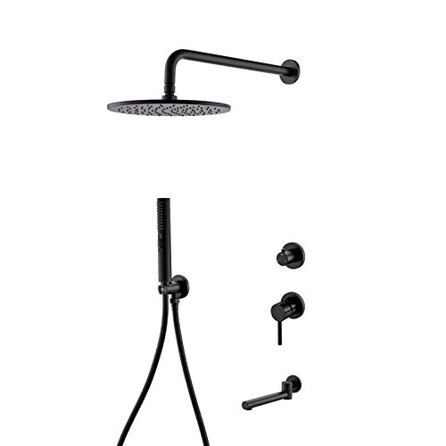 Schwarzes Regenduschsystem mit Wannenhahn, Wandmontiertes Duscharmatur-Set mit Regenduschkopf und 2 Funktionen Handbrause (30,5 cm) von HCZKIUJY