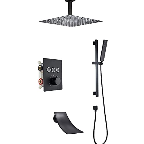 Thermostat-Duschsystem mit Wannenauslauf Schwarz Duscharmatur Set Deckenmontage Regenduschkopfsystem mit Handbrause Set Regenmischer Dusche Combo Set (30,5 cm) von HCZKIUJY