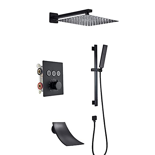 Thermostat-Duschsystem mit Wannenauslauf Schwarz Duscharmatur-Set Wandmontage Regenduschkopfsystem mit Handbrause Set Regenmischer Dusche Combo Set (30,5 cm) von HCZKIUJY