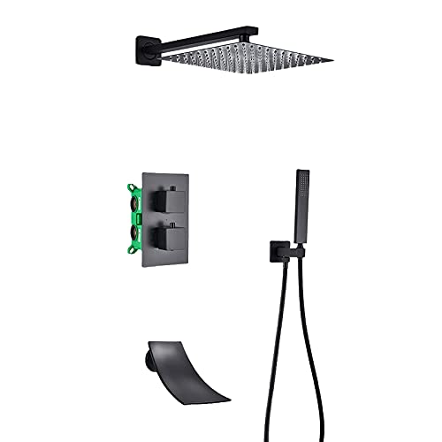 Thermostat-Duschsystem mit Wasserfall-Wannenauslauf Schwarz Duscharmatur-Set Wandmontage quadratisch Regenduschkopfsystem mit Handbrause Set Regenmischer Dusche Combo Set (25,4 cm) von HCZKIUJY