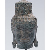 Antiker Khmer Stil Bronze Bayon Lokeshvara Kopf - 24cm/10" von HDAsianArt