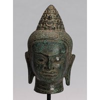Lokeshvara Statue Antike Khmer Bronze Bayon Stil Kopf - 25cm von HDAsianArt