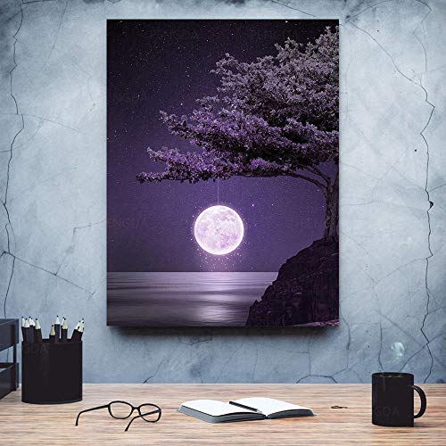 Wandkunst Bilder Leinwand lila Mond Poster Kirschbaum Dekoration Nachtansicht Modular Malerei HD Printed Schlafzimmer-Frameless: 30cmx50cm (12x20 Zoll) von HDBF