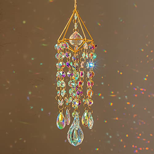 HDCRYSTALGIFTS Vergoldet Kristall Sonnenfänger Windspiel für Garten & Fenster | Handgefertigter Regenbogenmacher, Lichtfänger | Outdoor Windspiel mit Buntglas, Boho Deko zum Aufhängen von HDCRYSTALGIFTS