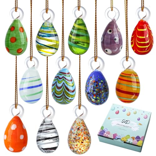 HDCRYSTALGIFTS 12 Stück Ostereier aus geblasenem Glas zum Aufhängen für Osterbaumschmuck, Zuhause, Party, Basteln von HDCRYSTALGIFTS