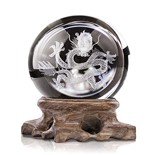 HDCRYSTALGIFTS 3D-Drachen-Kristallkugel, Feng Shui, Kristallglaskugel, Briefbeschwerer mit Holzständer, für Heimdekoration von HDCRYSTALGIFTS