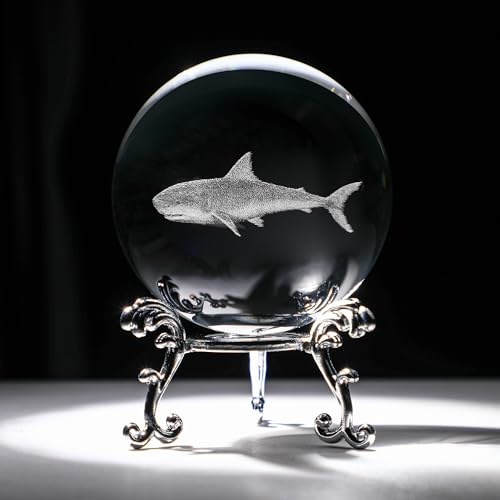 HDCRYSTALGIFTS 3D-Hai-Kristallkugel, 60 mm, Glas-Meerestier-Figuren, dekorative Kugel, Ornamente, Hai-Geschenke für Freunde, Frauen, Hai-Liebhaber von HDCRYSTALGIFTS