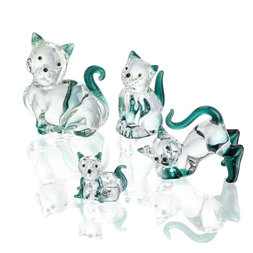 HDCRYSTALGIFTS 4 Stück handgeblasene Glas-Katzen-Figurinen, Sammlerstücke in smaragdgrünem Kristall, Katzenstatue, Kätzchen-Skulptur für Geschenke zur Heimdekoration von HDCRYSTALGIFTS