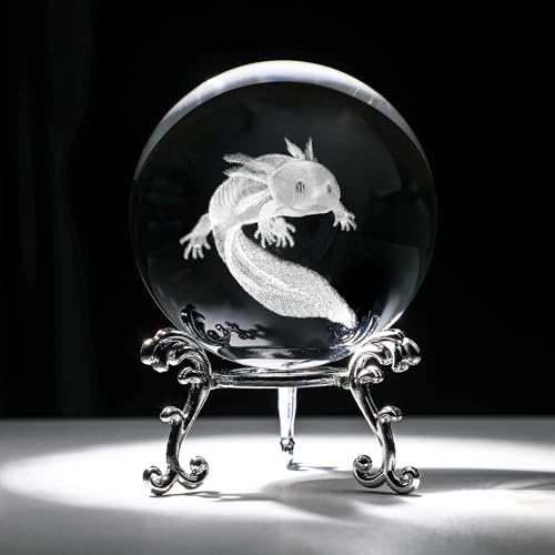 HDCRYSTALGIFTS Axolotl-Kristallkugel, 60 mm, 3D-Lasergravur, dekorative Kugel mit Ständer, Glaskugel, Briefbeschwerer, Axolotl-Figuren, Geschenke von HDCRYSTALGIFTS