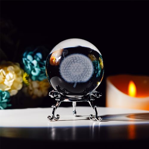 HDCRYSTALGIFTS Briefbeschwerer mit Pusteblume und Kristallkugel, 3D-Schnitzerei, mit versilbertem Blütenständer, 60 mm von HDCRYSTALGIFTS