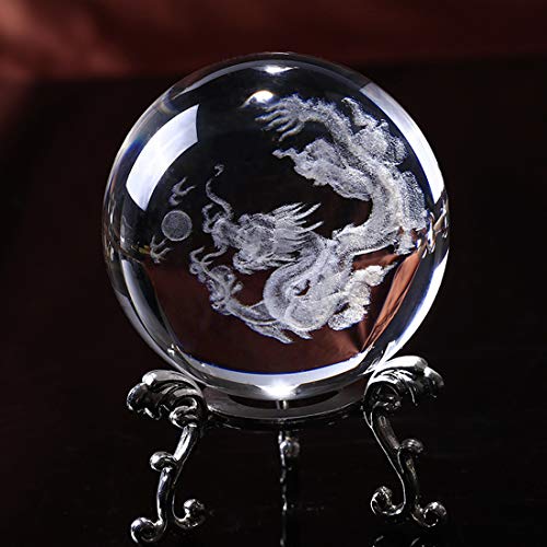 HDCRYSTALGIFTS Kristall 60 mm chinesischer Drache Kristallkugel mit versilbertem Blütenständer, Fengshui Glas Loong Ball Heimdekoration von HDCRYSTALGIFTS
