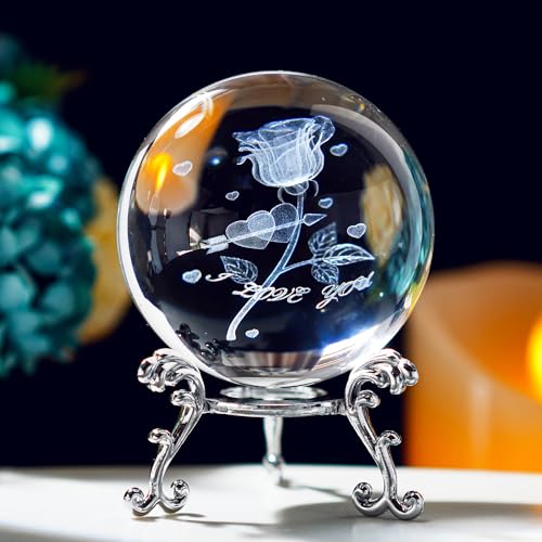 HDCRYSTALGIFTS Fengshui Glaskugel mit 3D-Rosenblüte, 60 mm, mit Ständer, dekorativer Briefbeschwerer, Glaskugel, Kristallblumen, Geschenke für Heimdekoration von HDCRYSTALGIFTS