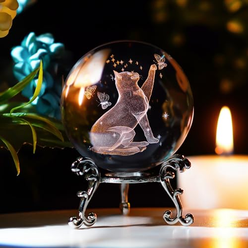 HDCRYSTALGIFTS HDCRYSTALGIFTS Cat Crystal Ball with Stand 3D Laser Engraved Decorative Art Crystal Sphere Glass Ball Paperweight(2.5in,Clear) von HDCRYSTALGIFTS
