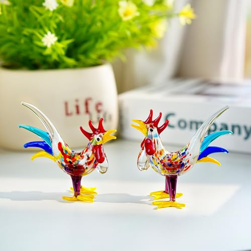 HDCRYSTALGIFTS Set 2 Mini Glas Hahnfiguren mundgeblasen Kunst Glas Tier Statuen Miniaturen Sammelfiguren Dekor von HDCRYSTALGIFTS