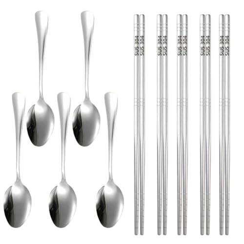 5 Paar Essstäbchen Und 5 Löffel, Edelstahlbesteck, Rutschfeste Und Langlebige Essstäbchen, Rostfreies Geschirr, Küchenutensilien 5 Paar Essstäbchen Und 5 Löffel, Edelstahlbesteck, Rutschfeste Und Langlebige Essstäbchen, Rostfreies Geschirr, Küchenutensilien von HDGSAFD