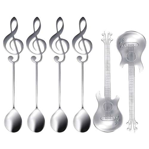 6 Stück Edelstahllöffel, Kaffeerührlöffel, Kreative Musiknotenlöffel, Gitarrenlöffel, Eislöffel, Tragbares Geschirr Für Musiknoten Und Musikinstrumente, Becher-Eislöffel von HDGSAFD