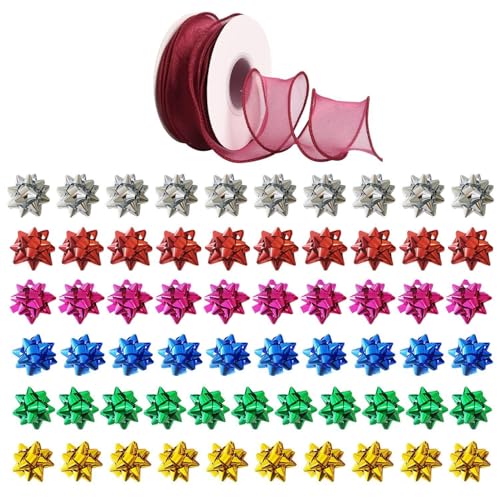 HDGSAFD 60 Stück Selbstklebende Geschenkschleifen, 1 Rolle Fischschwanz-Garnband, Schleifenschleifen, Geschenkverpackungsband von HDGSAFD