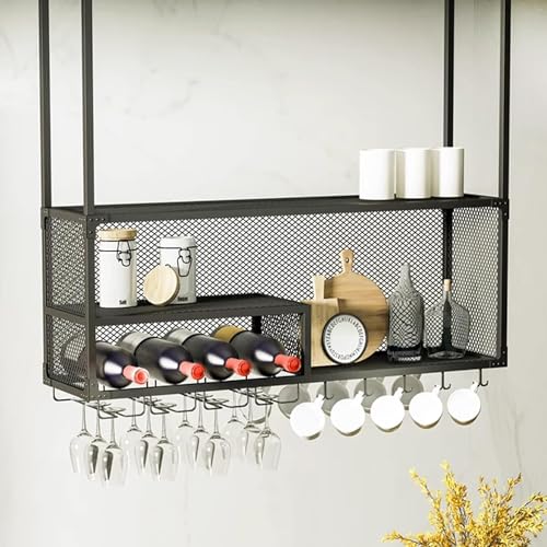 Hängendes Weinregal mit Glashalter und Regal, 2-lagiges industrielles hängendes Weinglasregal, Decke, Eisenflaschenhalter, Weinregal (schwarz, 80 x 30 cm) von HDGTDR3SS215SSSSTT