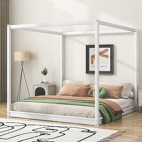 Bettrahmen mit Baldachin, Kingsize-Boden, Holz, Kingsize-Plattform-Bettrahmen mit Lattenstützbeinen, kompatibel mit Kindern, Jugendlichen, kein Boxspringbett erforderlich (weiß), Queensize-Bett von HDGTDR3SS2865SSSSTT