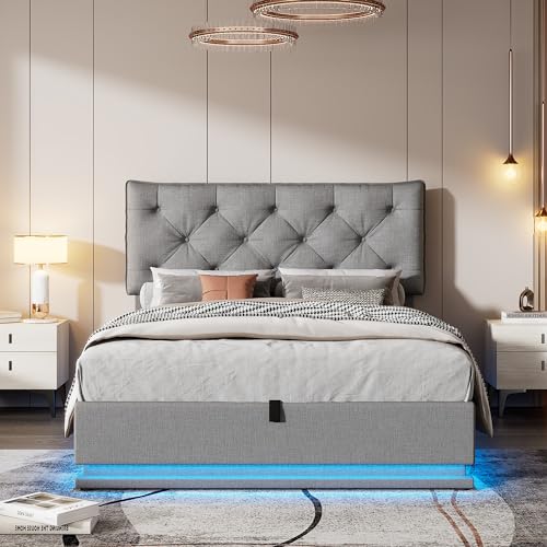 Gepolstertes Bett in voller Größe mit hydraulischem Aufbewahrungssystem und LED-Licht, modernes Plattformbett mit knöpfbarem Kopfteil (grau), Queensize-Bett (grau) von HDGTDR3SS2865SSSSTT