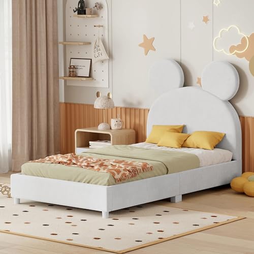 Gepolstertes Plattformbett in Doppelbettgröße mit Kopfteil in Bärenohrform, modernes Samt-gepolstertes Plattformbett mit starker Holzlattenstütze, einfache Montage (Rosa), Queen-Bett (Beige-Twin) von HDGTDR3SS2865SSSSTT