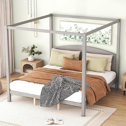 Himmelbett mit Kopfteil und Fußteil, Massivholz, 4 Pfosten, Bettrahmen mit Lattenstützbeinen, kompatibel mit Kindern und Jugendlichen, kein Boxspringbett erforderlich (graue Waschung), Queen-Bett von HDGTDR3SS2865SSSSTT