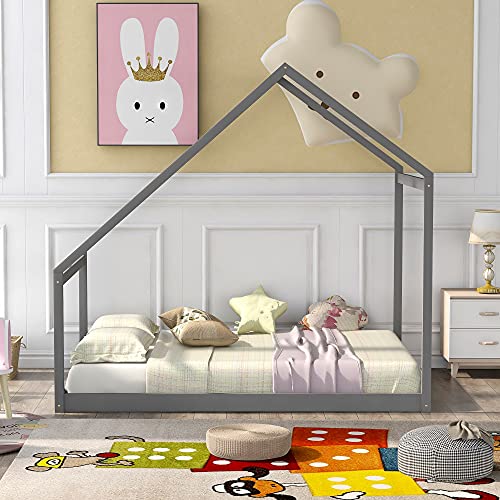Holzhaus-Bettgestell in voller Größe, mit Dach, kompatibel mit Kinder-, Teenager-, Jungen- oder Mädchenzimmermöbeln, Vollboden-Bettgestell, Boxspringbett erforderlich (grau), Queensize-Bett (grau) von HDGTDR3SS2865SSSSTT