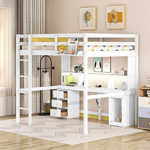 Loft-Bettgestell aus Holz für Doppelbetten mit mehrlagigem Schreibtisch, LED-Licht und Nachttischablage, Ladestation, kompatibel mit Kindern und Jugendlichen, einfache Montage (weiß, Doppelbett Loft-Bettgestell aus Holz für Doppelbetten mit mehrlagigem Schreibtisch, LED-Licht und Nachttischablage, Ladestation, kompatibel mit Kindern und Jugendlichen, einfache Montage (weiß, Doppelbett von HDGTDR3SS2865SSSSTT