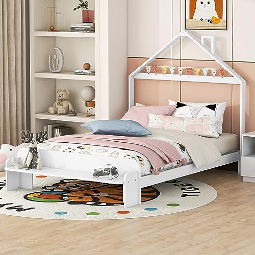 Plattformbett aus Holz in voller Größe mit hausförmigem Kopfteil und Fußteil, kompatibel mit Kindern, Jugendlichen, kein Boxspringbett erforderlich/einfache Montage (Rosa, voll), Queensize-Bett (weiß von HDGTDR3SS2865SSSSTT