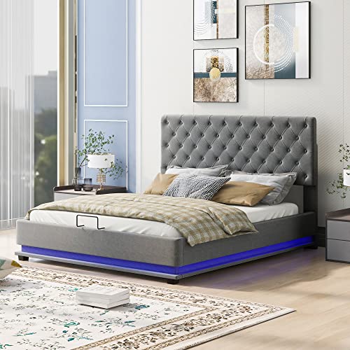 Queen-Size-Bettgestell, gepolstertes Plattform-Bettgestell mit verstellbarem, getuftetem Kopfteil und LED-Licht, kompatibel mit Kindern, Jugendlichen, kein Boxspringbett erforderlich (grau von HDGTDR3SS2865SSSSTT