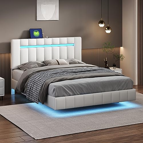 Queen-Size-Bettrahmen mit LED-Lichtern und USB-Aufladung, moderner gepolsterter Plattform-LED-Bettrahmen mit stabiler Holzlattenstütze, kein Boxspringbett erforderlich (weiß), Queen-Size-Bett (weißes von HDGTDR3SS2865SSSSTT