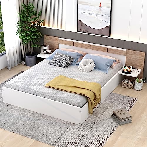 Queensize-Plattformbett mit USB-Anschlüssen und Steckdosen, modernes Plattform-Bettgestell mit Kopfteil und seitlichen Regalen, kompatibel mit Schlafzimmer oder, kein Boxspringbett erforderlich (weiß Queensize-Plattformbett mit USB-Anschlüssen und Steckdosen, modernes Plattform-Bettgestell mit Kopfteil und seitlichen Regalen, kompatibel mit Schlafzimmer oder, kein Boxspringbett erforderlich (weiß von HDGTDR3SS2865SSSSTT